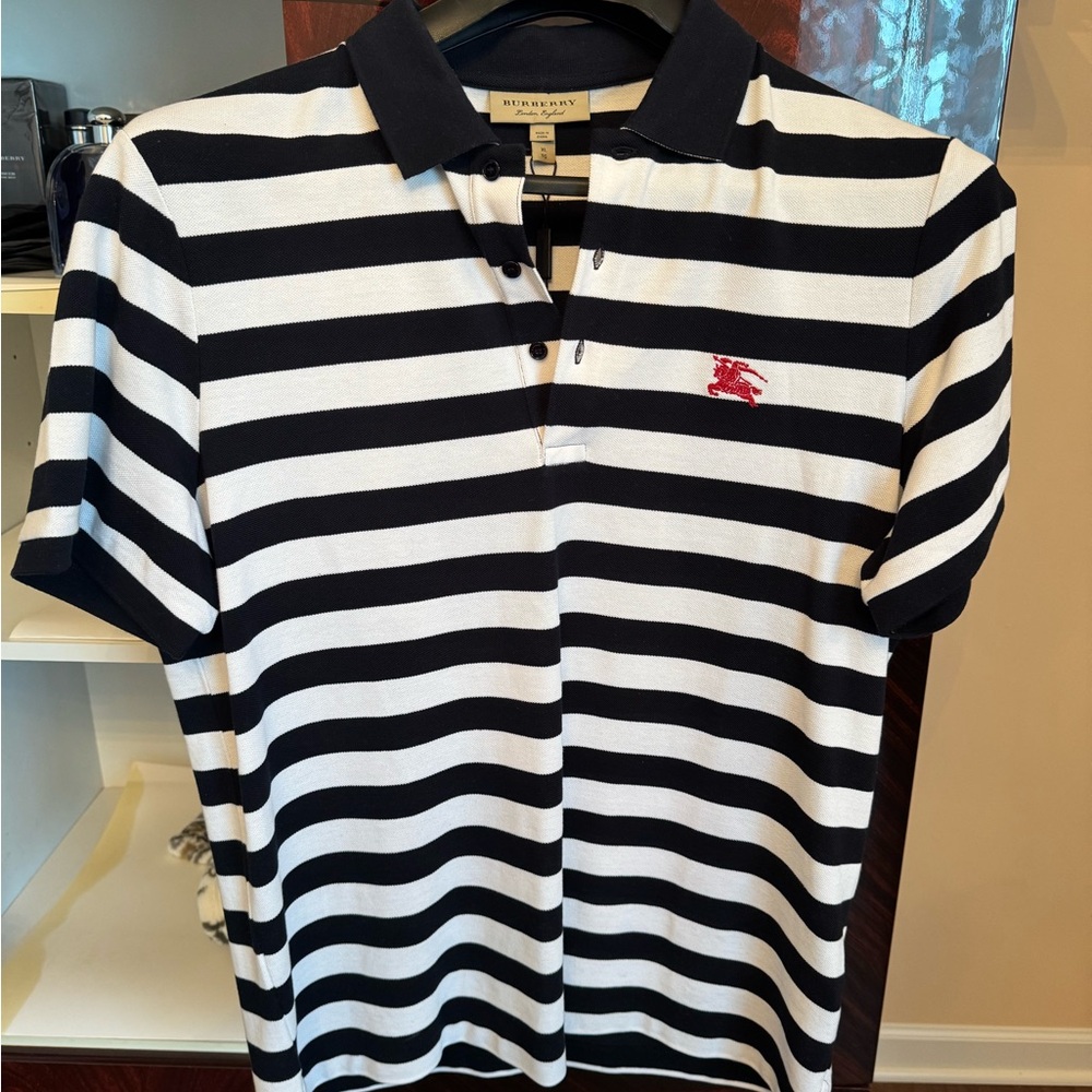 Burberry Navy and White Striped Polo Shirt